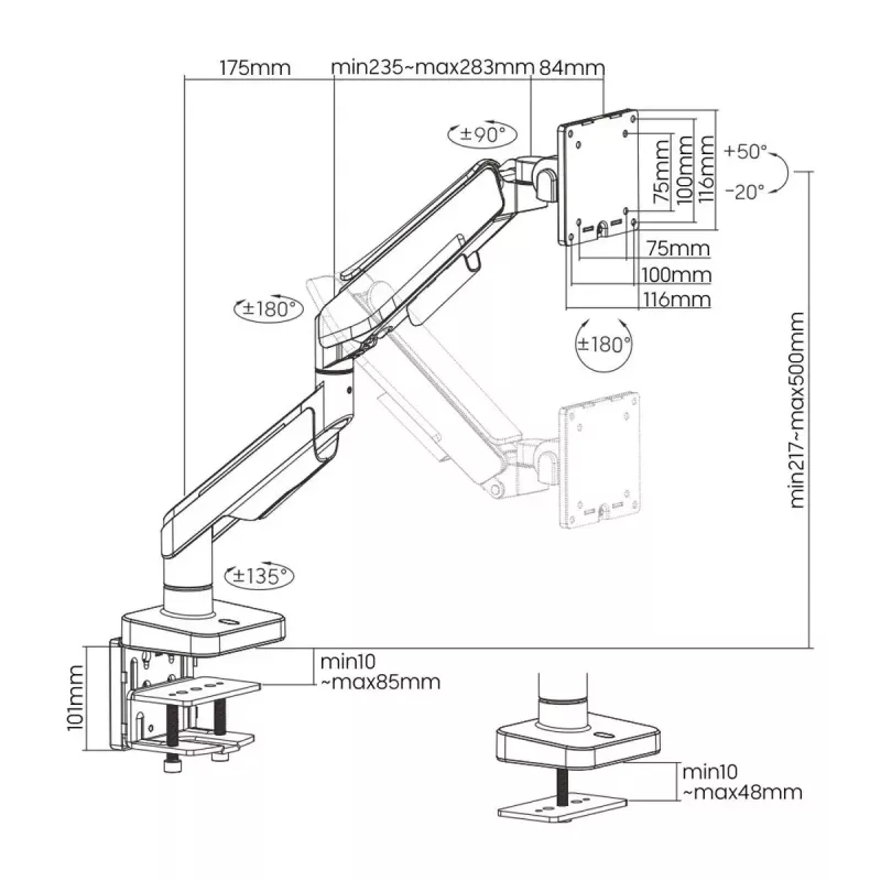Monitora stiprinājums ROLINE 17031108 124.5 cm 20 kg Skava Melna Pelēka