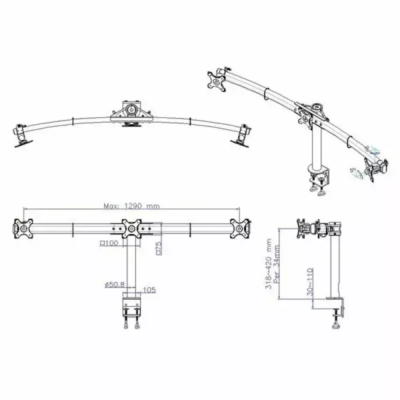 VALUE Triple LCD Arm Desk Clamp melns — 3 ekrānu monitora statīvs, regulējams