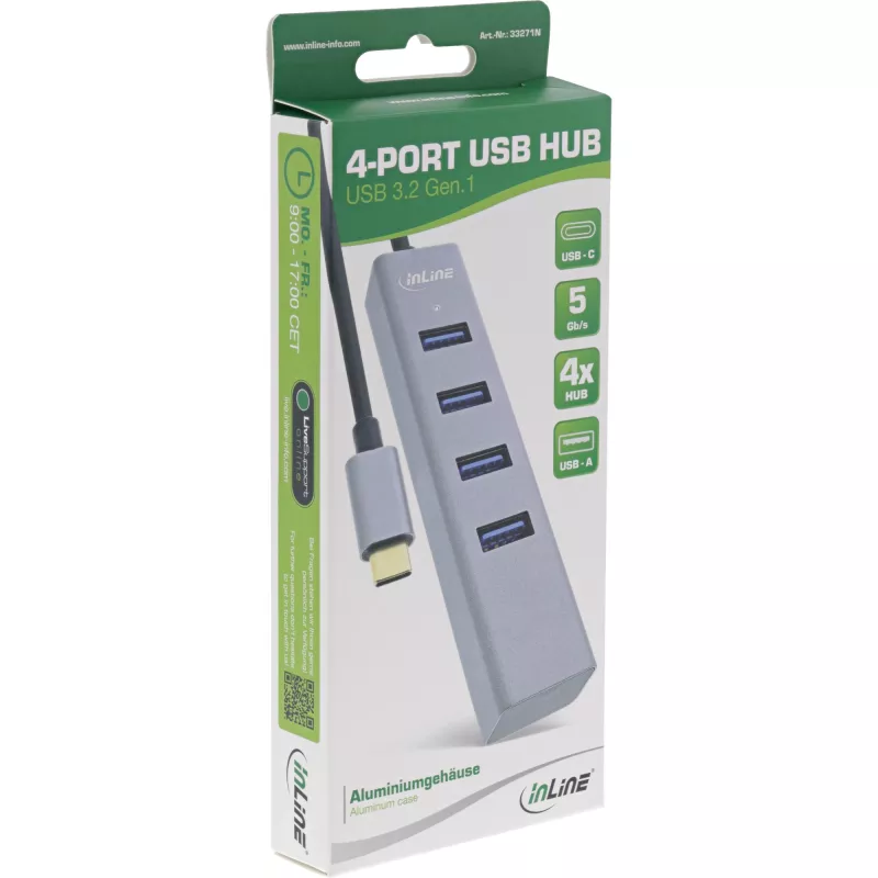 InLine USB-C 3.2 Multi Hub (4x USB-A 5Gb/s), OTG, alumīnija korpuss