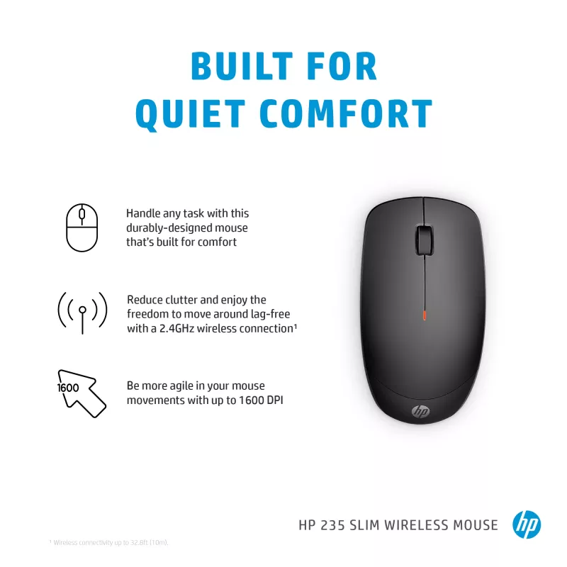HP 235 plāns bezvadu pele, piemērota abām rokām, optiskā, RF bezvadu, 1600 DPI, melna