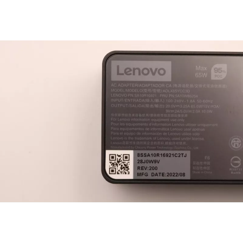 Maiņstrāvas adapteris 65 W USB-C Lenovo 5A10W86254 — 65 W USB-C barošanas avots klēpjdatoriem un saderīgām ierīcēm