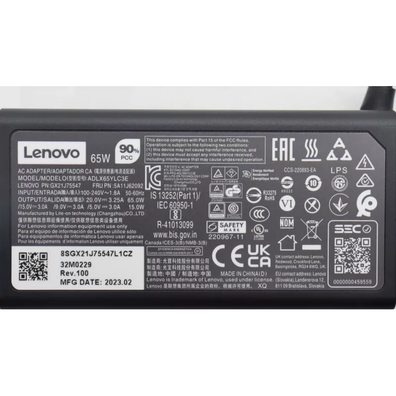 Strāvas adapteris Lenovo 65W USB-C lādētājs 5A11J62092 klēpjdatoriem un USB-C ierīcēm
