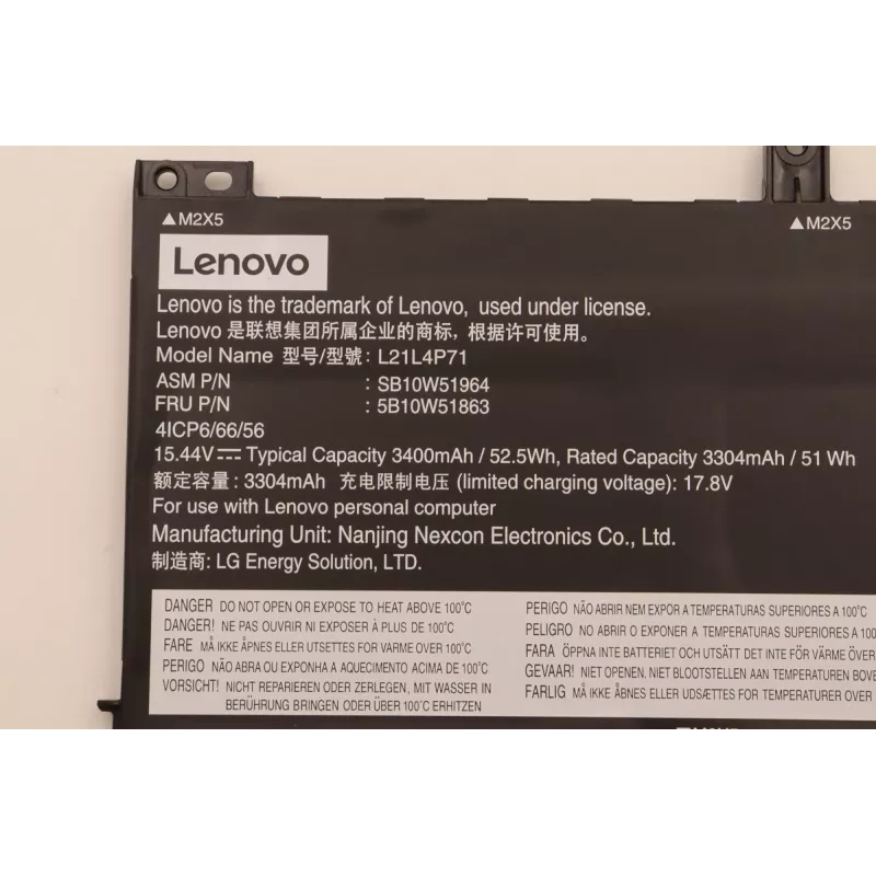 Akumulators Lenovo klēpjdatoriem 5B10W51863 — Litija jonu 52.5Wh / 3400 mAh, iekšējs, melns