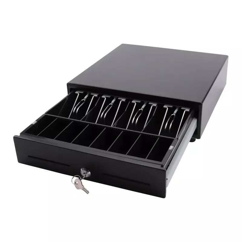Elektroniskais naudas kastes aparāts Olympia SD 330A, metāla korpuss, ieeja 12–14 V, platums 335 mm, dziļums 330 mm, augstums 104 mm, komplektā 2 atslēgas
