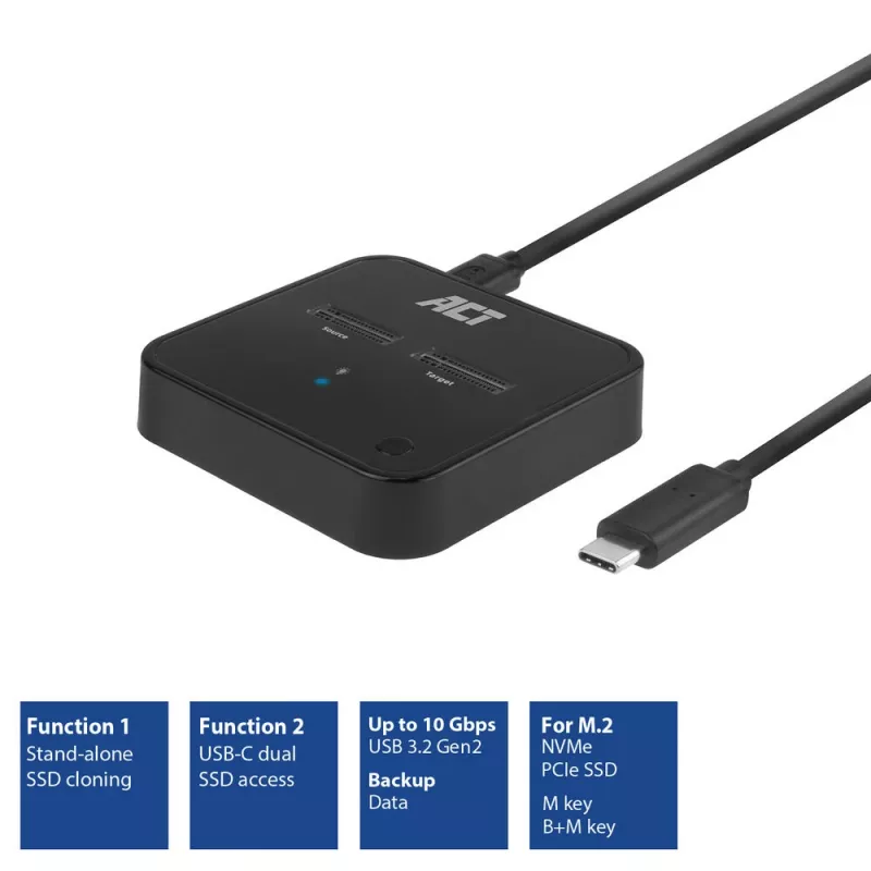 ACT M.2 NVMe/PCIe Dual SSD dokstacijas klonēšanas stacija, USB-C 3.2 Gen2