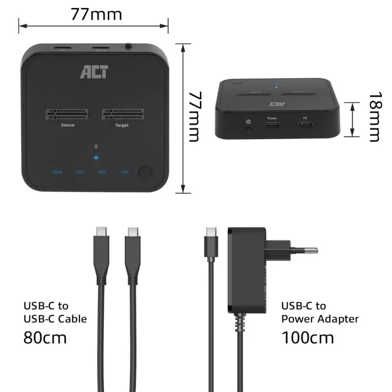 ACT M.2 NVMe/PCIe Dual SSD dokstacijas klonēšanas stacija, USB-C 3.2 Gen2