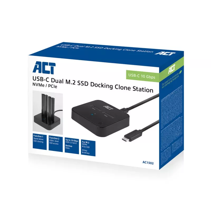 ACT M.2 NVMe/PCIe Dual SSD dokstacijas klonēšanas stacija, USB-C 3.2 Gen2