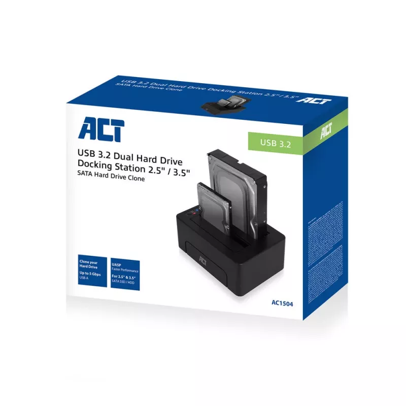 ACT 2,5 collu un 3,5 collu SATA divu HDD/SSD dokstacija, USB 3.2 Gen1