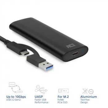 SSD korpuss ACT AC1615 USB-C M.2 NVMe PCIe 10 Gbit/s Melns