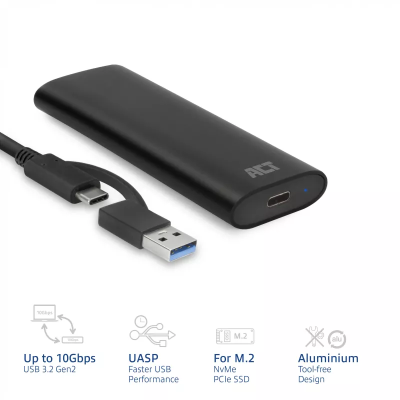 SSD korpuss ACT AC1615 USB-C M.2 NVMe PCIe 10 Gbit/s Melns