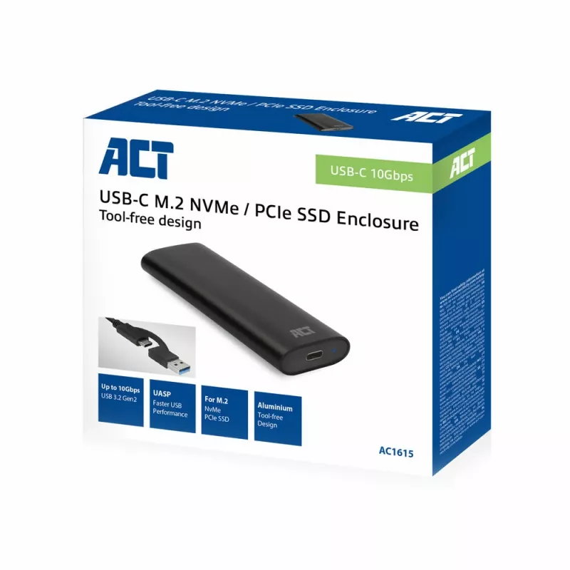 SSD korpuss ACT AC1615 USB-C M.2 NVMe PCIe 10 Gbit/s Melns