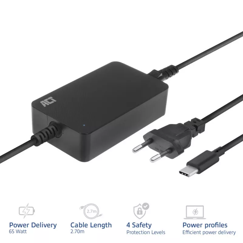 ACT USB-C klēpjdatora lādētājs ar Power Delivery profiliem 65W
