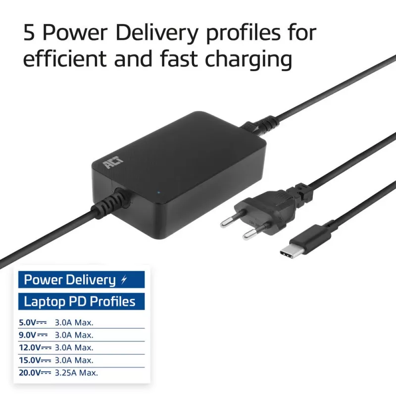 ACT USB-C klēpjdatora lādētājs ar Power Delivery profiliem 65W
