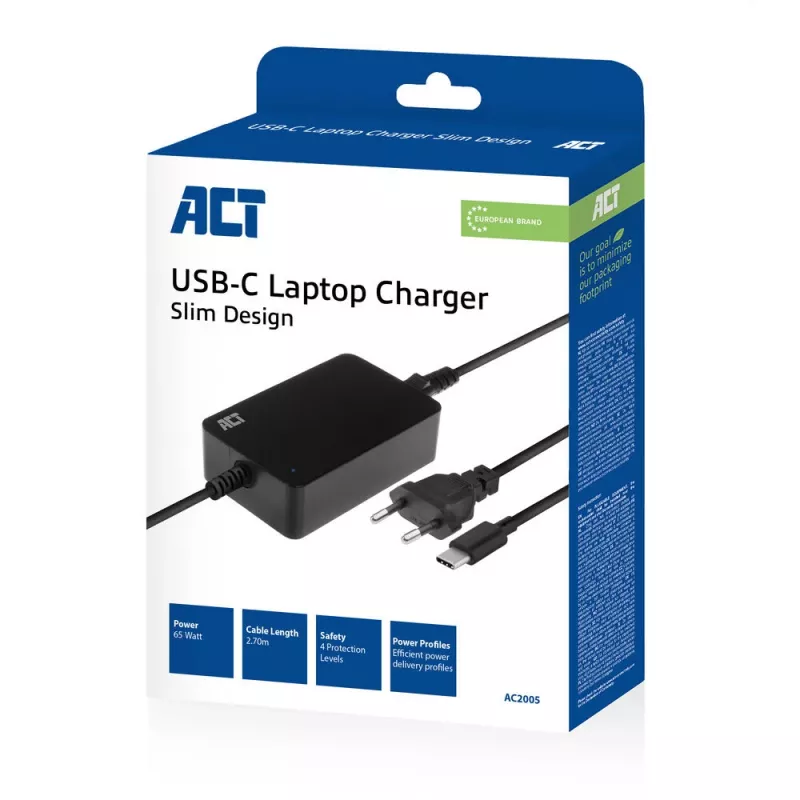 ACT USB-C klēpjdatora lādētājs ar Power Delivery profiliem 65W