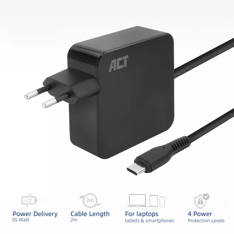 ACT USB-C sienas lādētājs klēpjdatoram 65W ar Power Delivery profiliem, 2 metri