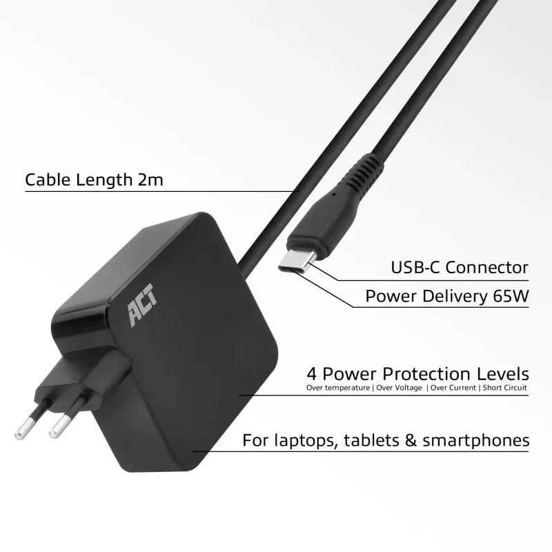 ACT USB-C sienas lādētājs klēpjdatoram 65W ar Power Delivery profiliem, 2 metri