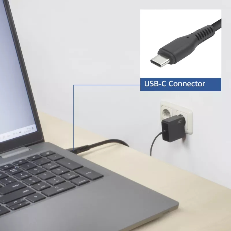 ACT USB-C sienas lādētājs klēpjdatoram 65W ar Power Delivery profiliem, 2 metri