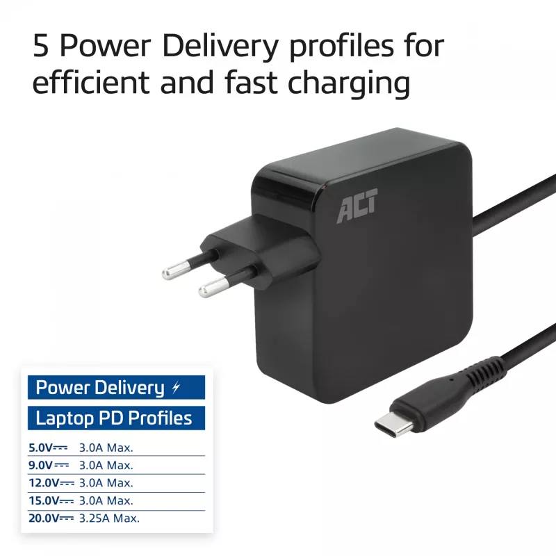 ACT USB-C sienas lādētājs klēpjdatoram 65W ar Power Delivery profiliem, 2 metri