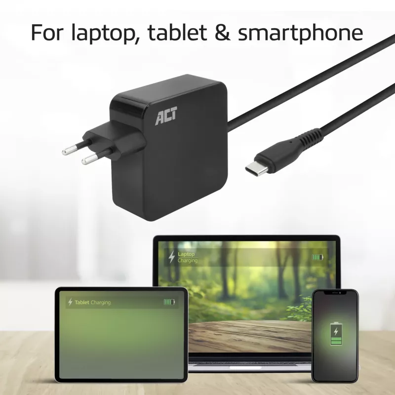 ACT USB-C sienas lādētājs klēpjdatoram 65W ar Power Delivery profiliem, 2 metri