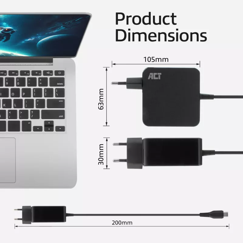 ACT USB-C sienas lādētājs klēpjdatoram 65W ar Power Delivery profiliem, 2 metri