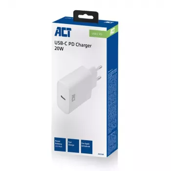 ACT kompakts USB-C lādētājs 20W ātrai uzlādei iekštelpām, universāls, balts