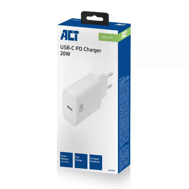 ACT kompakts USB-C lādētājs 20W ātrai uzlādei iekštelpām, universāls, balts