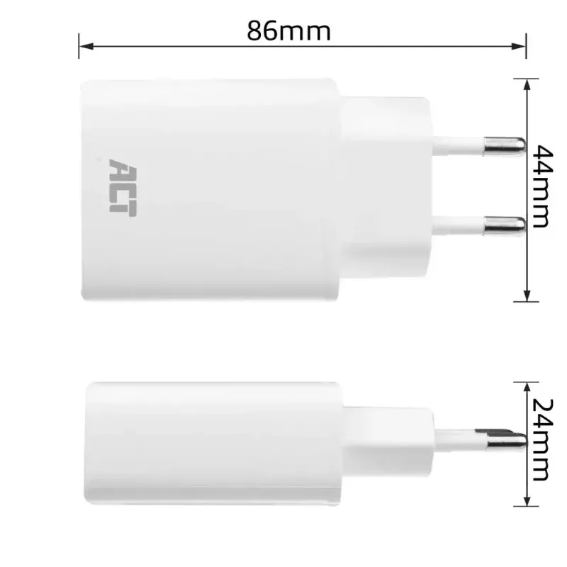ACT kompakts USB-C lādētājs 20W ātrai uzlādei iekštelpām, universāls, balts