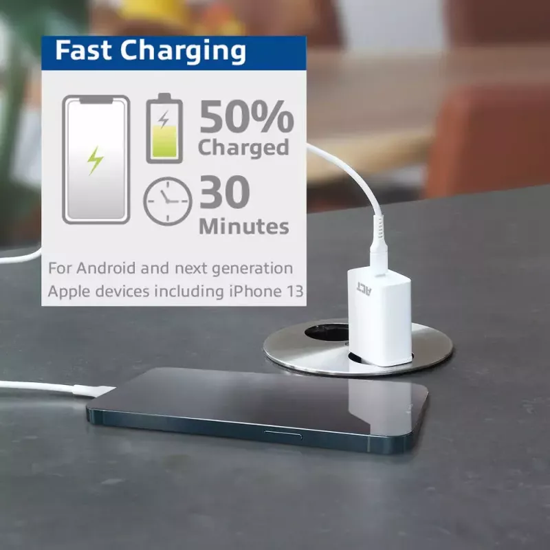 ACT kompakts USB-C lādētājs 20W ātrai uzlādei iekštelpām, universāls, balts