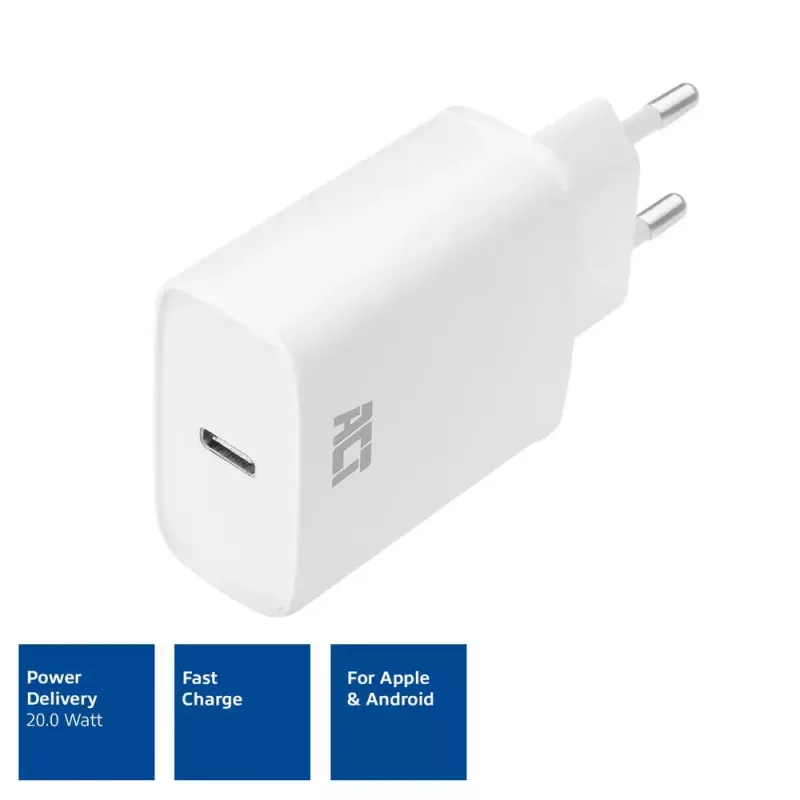 ACT kompakts USB-C lādētājs 20W ātrai uzlādei iekštelpām, universāls, balts