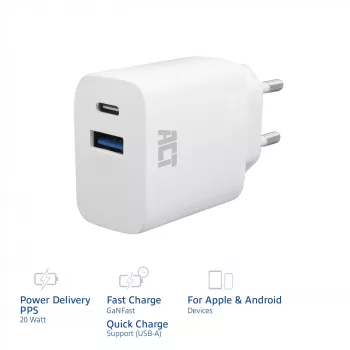 ACT USB-C un USB-A lādētājs 20W ar Power Delivery PPS, Quick Charge, GaNFast