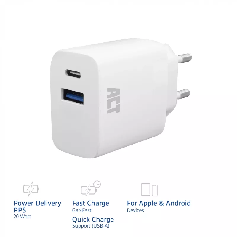 ACT USB-C un USB-A lādētājs 20W ar Power Delivery PPS, Quick Charge, GaNFast