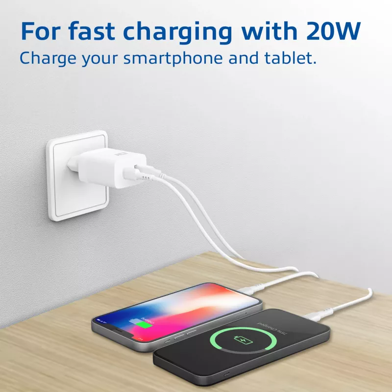 ACT USB-C un USB-A lādētājs 20W ar Power Delivery PPS, Quick Charge, GaNFast