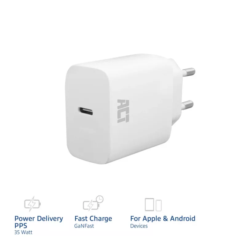 USB-C lādētājs ACT 35W Power Delivery PPS GaNFast universāls