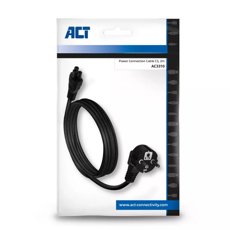 ACT strāvas vads, tīkla savienotājs CEE7/7 vīrišķais (leņķveida) - C5 melns 2 m