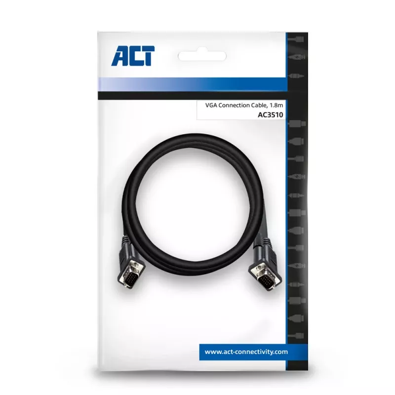 VGA kabelis ACT AC3510 — 1,8 m, VGA (D-Sub) uz VGA (D-Sub), melns