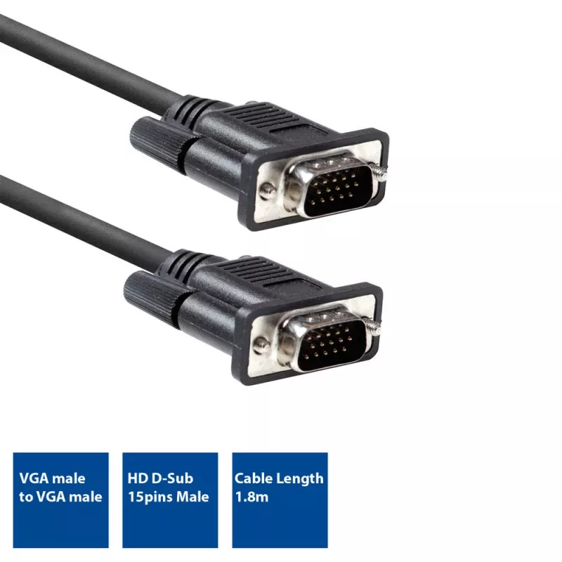 VGA kabelis ACT AC3510 — 1,8 m, VGA (D-Sub) uz VGA (D-Sub), melns