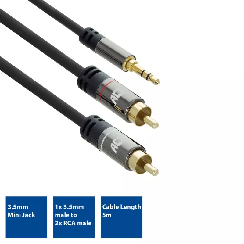ACT 5 metru augstas kvalitātes audio savienojuma kabelis 1x 3,5 mm stereo ligzda vīrišķais - 2x RCA vīrišķais