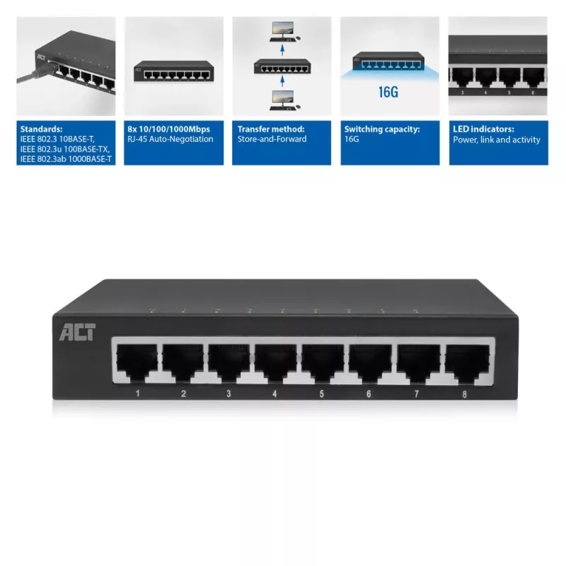 Nepārvaldāms slēdzis ACT AC4418 8 porti Gigabit Ethernet 10/100/1000