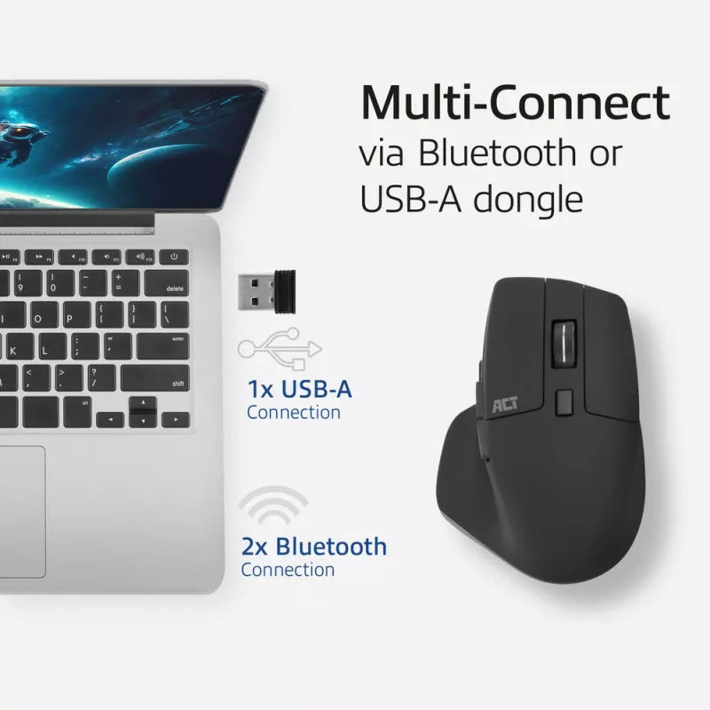ACT bezvadu vairāku savienojumu pele Bluetooth vai USB-A uztvērējs, 2400 DPI ar klusām pogām, videi draudzīga