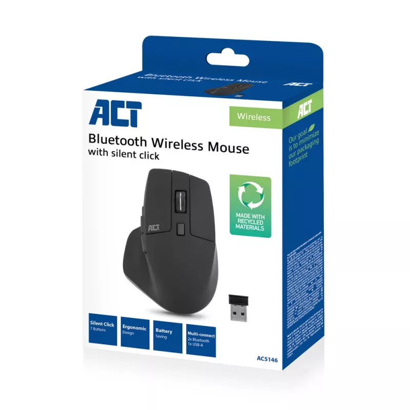 ACT bezvadu vairāku savienojumu pele Bluetooth vai USB-A uztvērējs, 2400 DPI ar klusām pogām, videi draudzīga