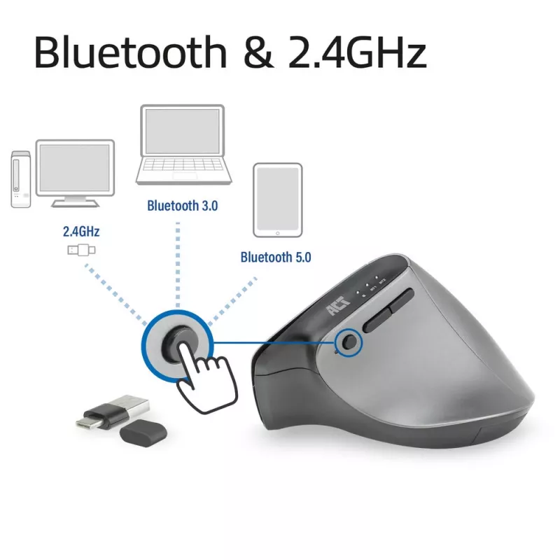 ACT bezvadu ergonomiskā pele ar Bluetooth un USB-C/USB-A