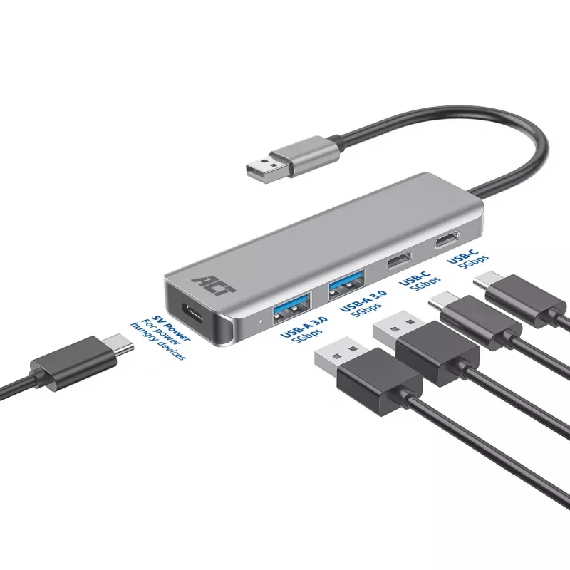 USB centrmezgls ACT AC6125 3.2 Gen 1 Type-A 5000 Mbit/s pelēks