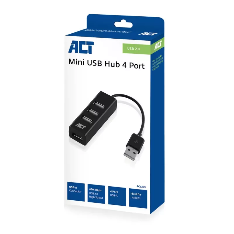 USB centrmezgls ACT AC6205 2.0 480 Mbit/s Melns 0.12m