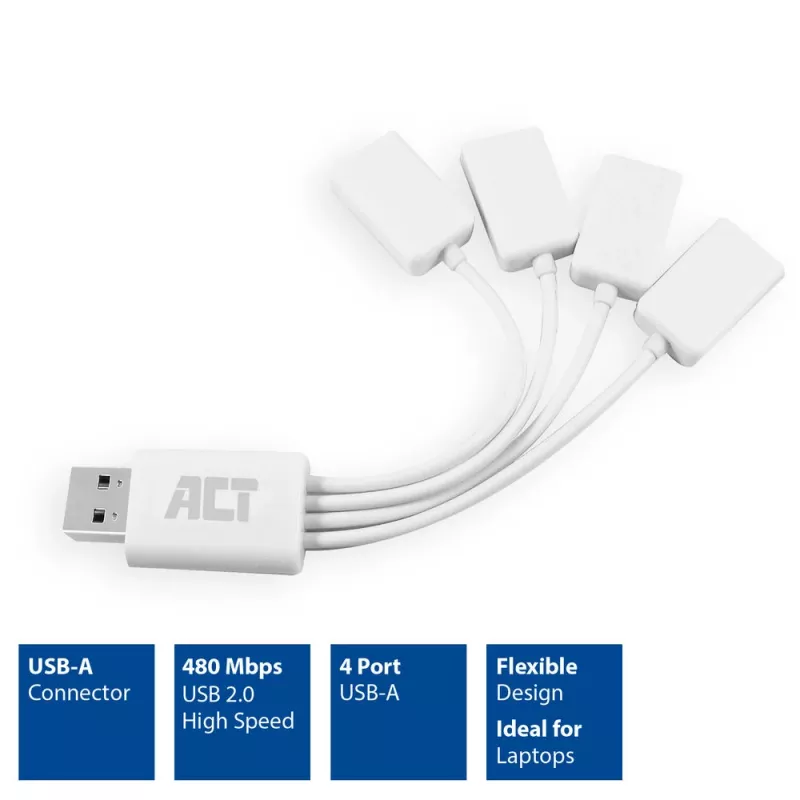 ACT USB centrmezgls 4 pieslēgvietu USB-A lokans USB 3.2 Gen 1 Balts 480 Mbit/s