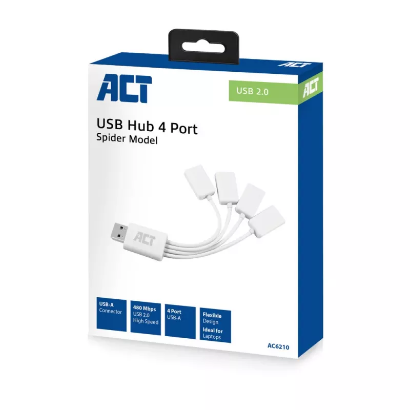 ACT USB centrmezgls 4 pieslēgvietu USB-A lokans USB 3.2 Gen 1 Balts 480 Mbit/s
