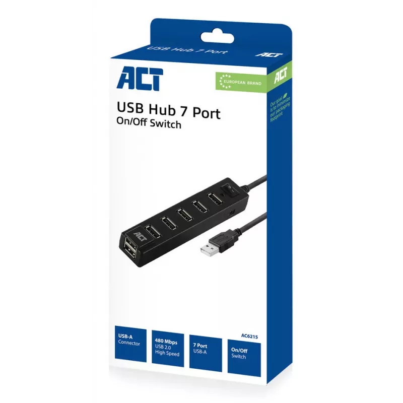 USB centrmezgls ACT AC6215 480 Mbit/s Melns