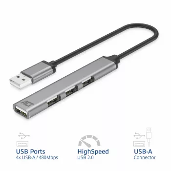 ACT AC6225 USB 2.0 centrmezgls 480 Mbit/s pelēks alumīnijs