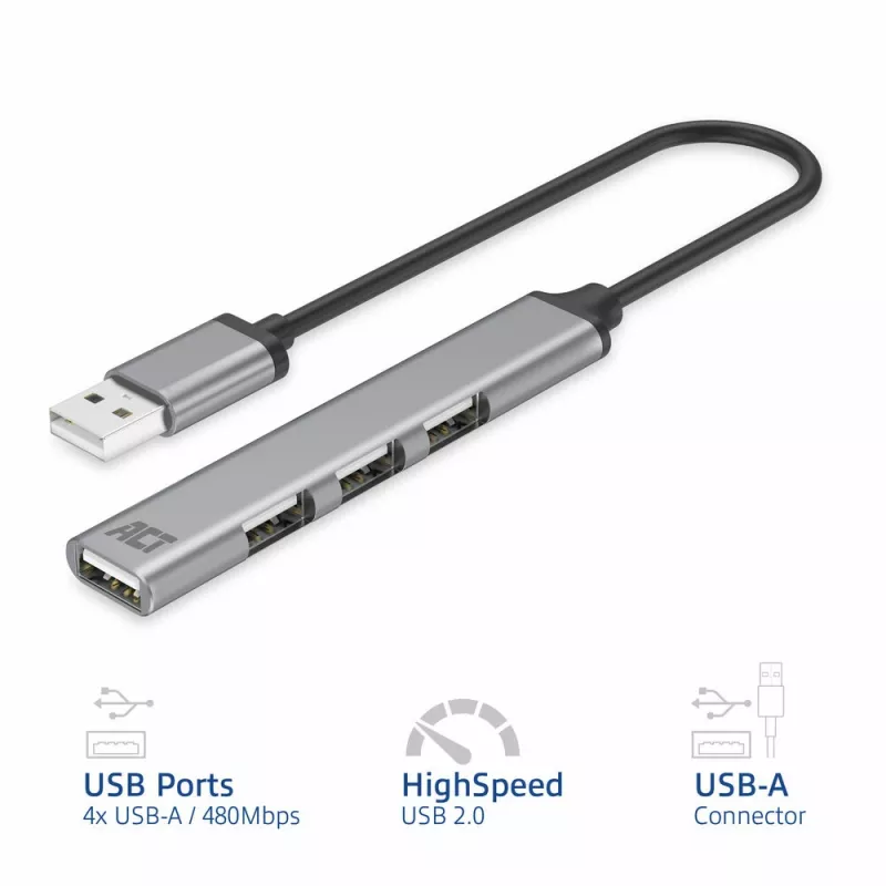 ACT AC6225 USB 2.0 centrmezgls 480 Mbit/s pelēks alumīnijs