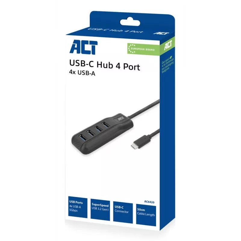 ACT AC6420 centrmezgls USB 3.2 Gen 1 (3.1 Gen 1) Type-C 5000 Mbit/s Melna