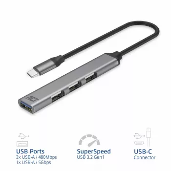 USB Hub ACT AC6425 Type-C 5000 Mbit/s Alumīnijs pelēks